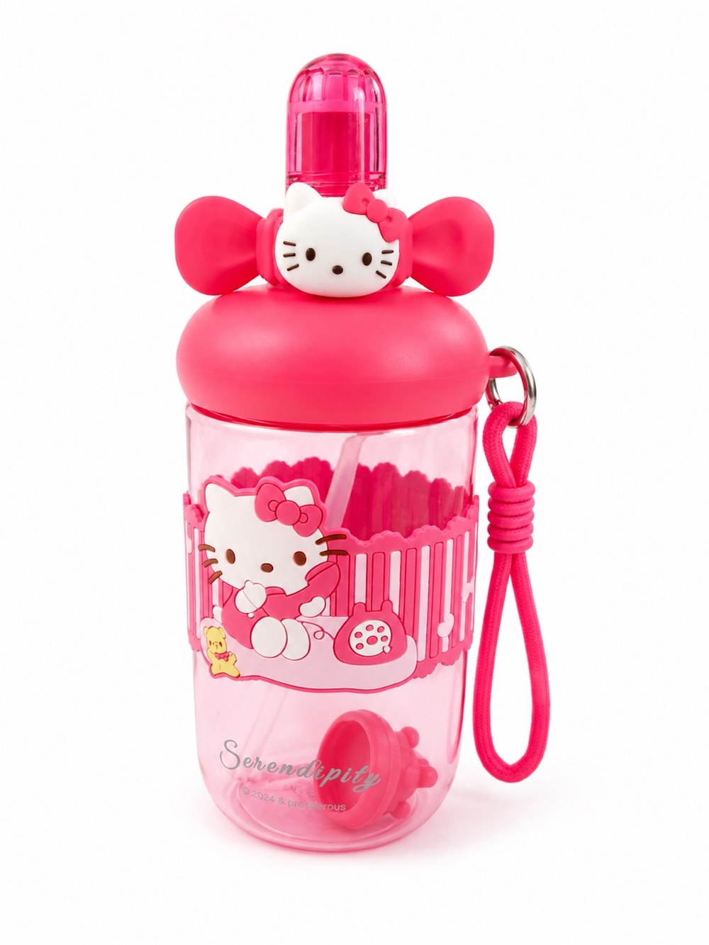 Hello Kitty Hot Pink Kids Water Bottle with Strap and Straw